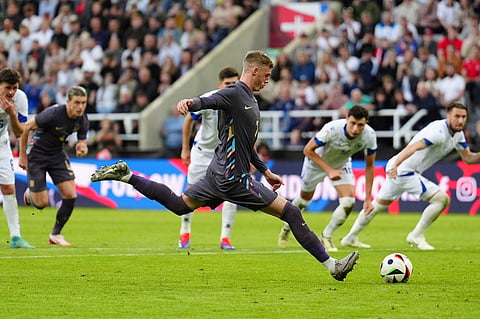 England's Cole Palmer scores during an international friendly soccer match between England and Bosnia and Herzegovina at St. James Park in Newcastle, England, Monday, June 3, 2024. 